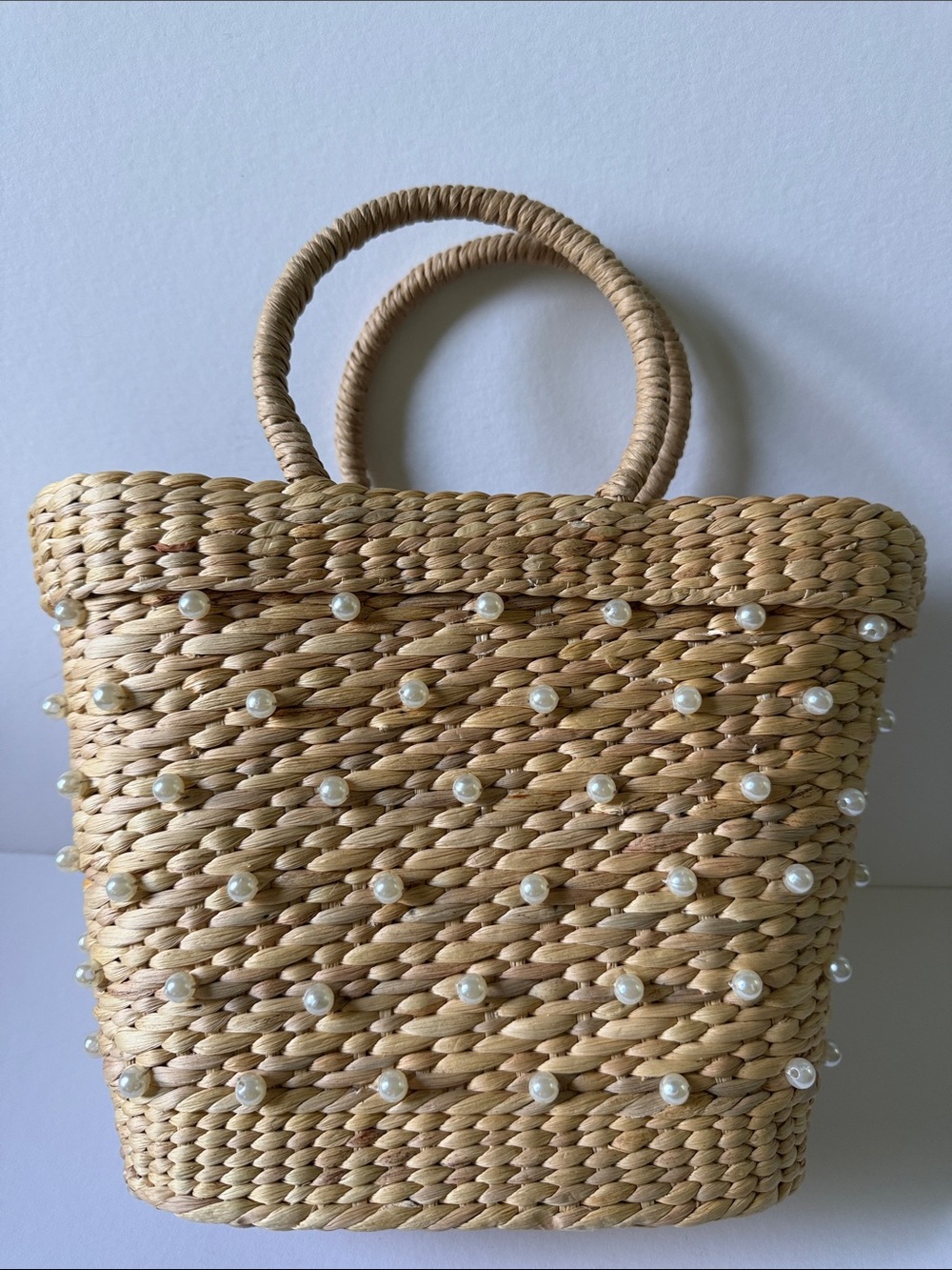 Woven Pearl-Accent Straw Tote Bag - Natural with zipper closure